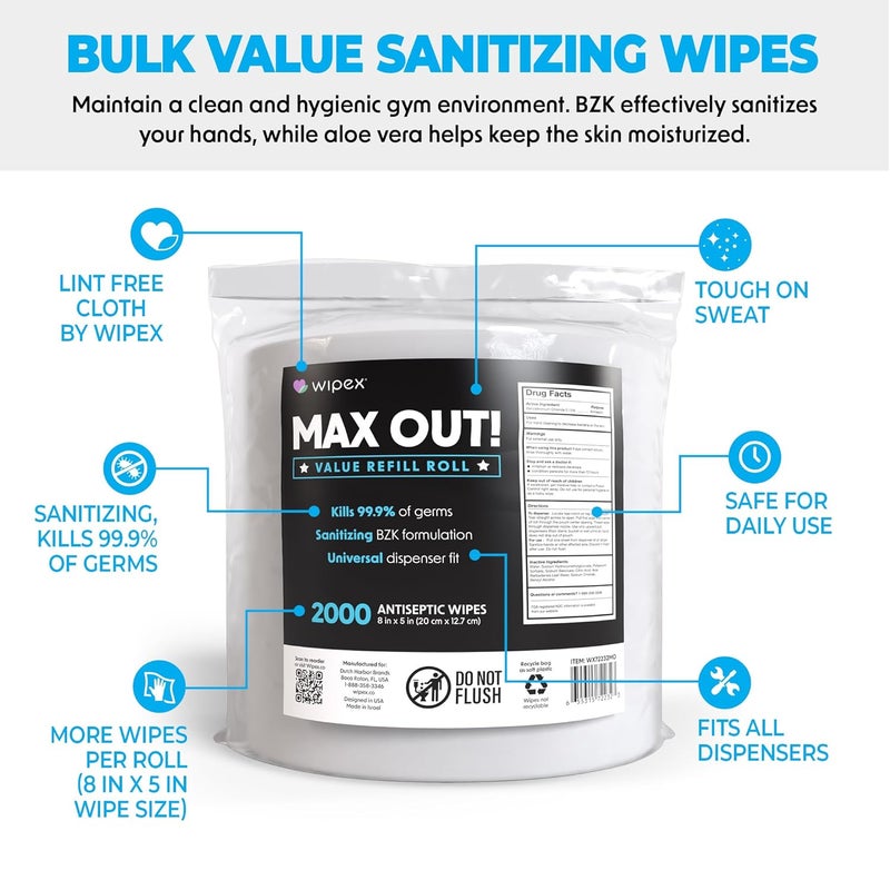Wipex Max Out Sanitizing Wipes for Fitness Centers - 2000 Wipes Per Roll, Pack of 2, Economy Size Refill Rolls for Dispensers, 5"x8" - Ideal for High Volume Commercial Gyms, Schools & Studios - Image 2